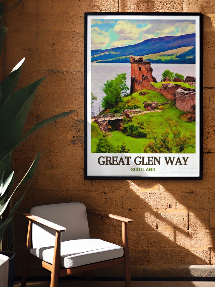 Elegant home decor featuring Urquhart Castle stunning prints perfect for adding a blend of history and scenic beauty to your living room with art that captures the Great Glen Way and the surrounding Highlands offering a peaceful and inspiring atmosphere