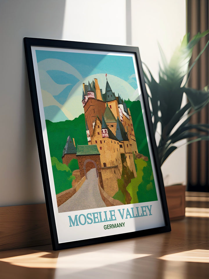 Moselle Valley print featuring the iconic Burg Eltz castle in Germany. This elegant Germany art is perfect for decorating your living room or office and makes a unique gift for travel enthusiasts and lovers of European architecture and history.