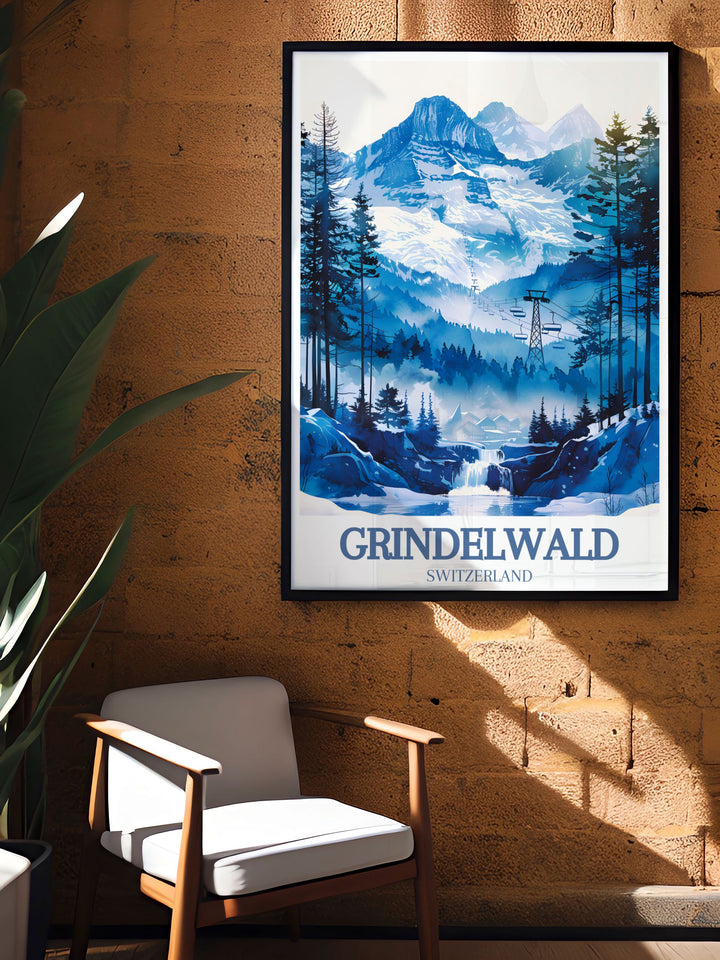 An intricate depiction of Grindelwald and the Swiss Alps, this art print highlights the natural beauty and historical significance of the region, bringing the grandeur of the Alps into your living space.