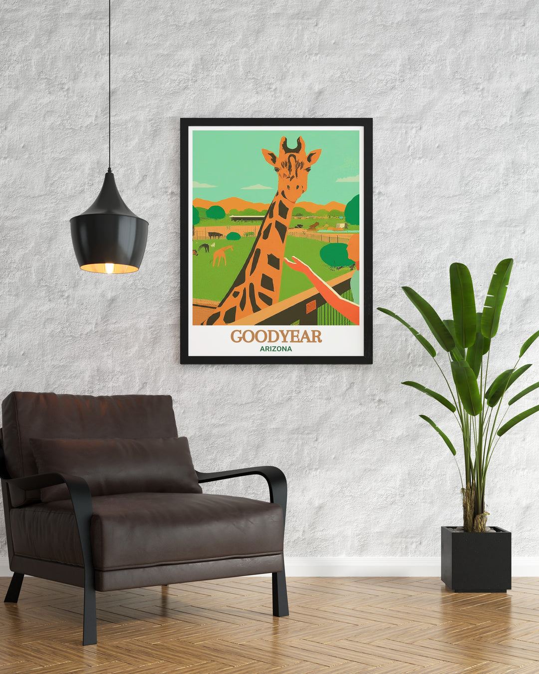 This Goodyear vintage poster adds a touch of nostalgia to any room while showcasing the striking beauty of the Arizona desert. The posters retro style and vibrant depiction of Goodyears landscape make it a perfect addition to your home decor, celebrating the timeless allure of the Southwest.