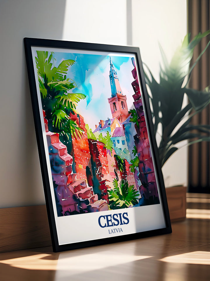 Scenic travel print of Cēsis, Latvia, featuring the well preserved ruins of Cēsis Castle and the towering St. Johns Church. This detailed illustration offers a glimpse into the towns past, perfect for creating a sophisticated and historically rich home decor theme.