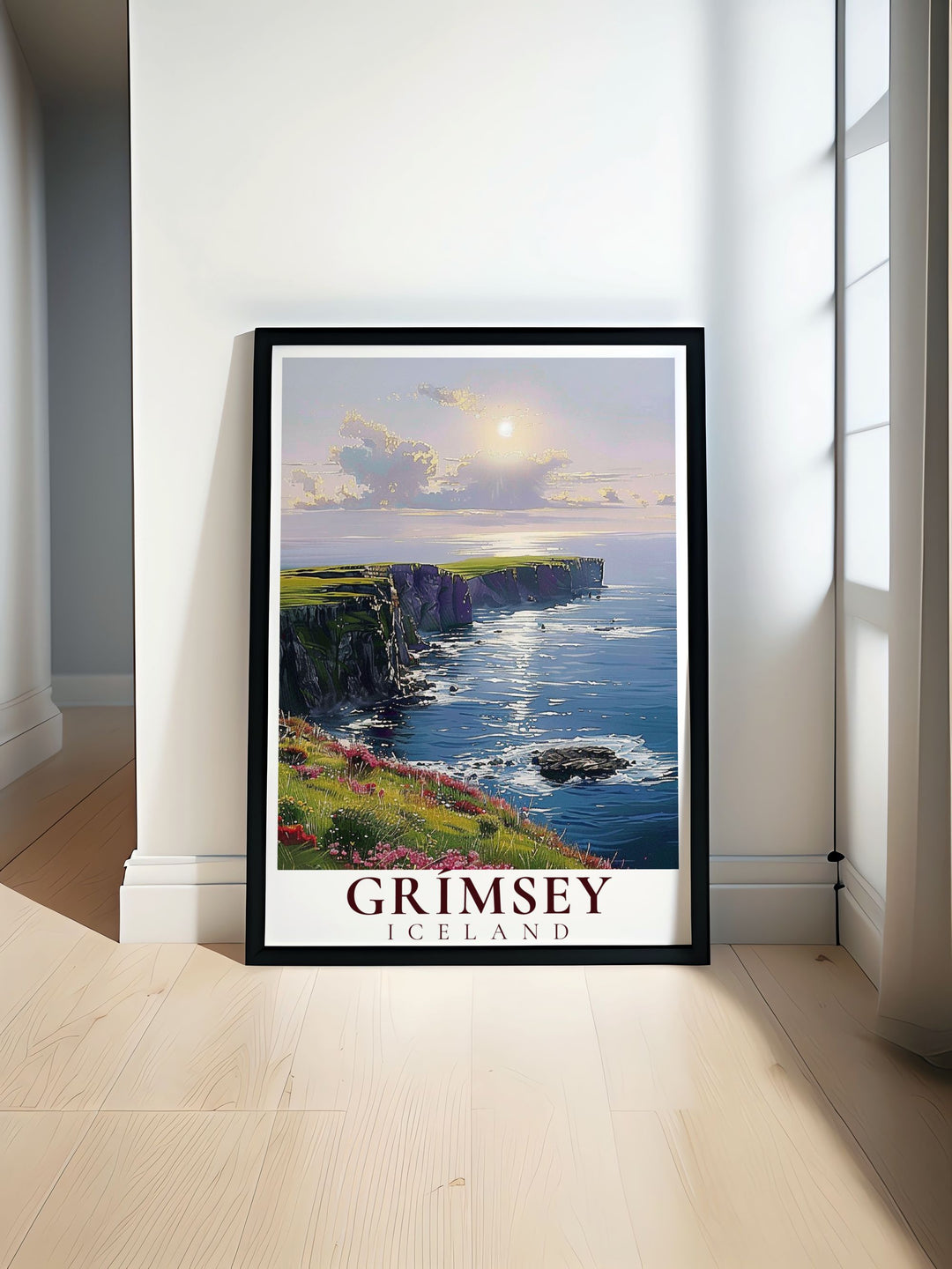 Capturing the enchanting Northern Lights over Grimsey, this travel poster showcases the islands stunning night sky, making it an ideal piece for those who love celestial phenomena.