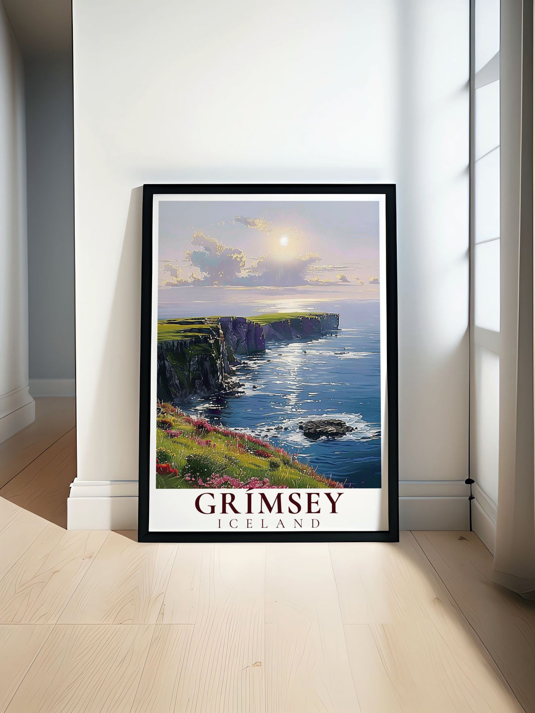 Featuring Grimseys rugged coastline, this Northern Lights Wall Art celebrates Icelands unique landscapes. Perfect for adventurers or anyone who loves the Arctic Circles natural beauty.