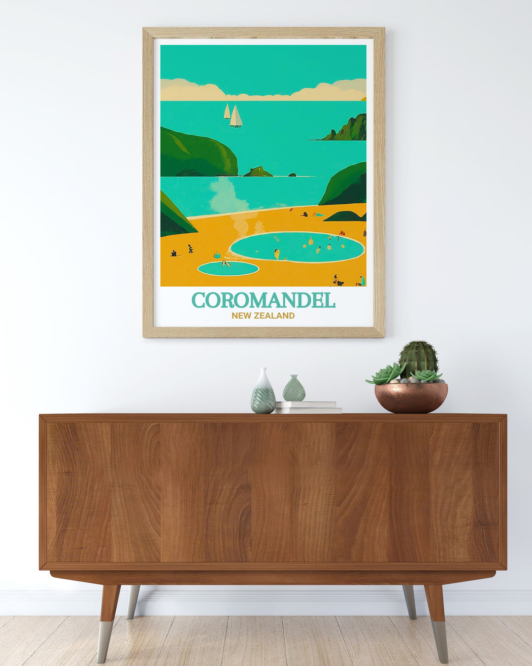 Wall art print of Hot Water Beach, Coromandel, illustrating the unique experience of creating your own spa pool on the beach. The vibrant colors and detailed imagery bring this natural wonder into your home, a perfect addition for lovers of nature and travel.