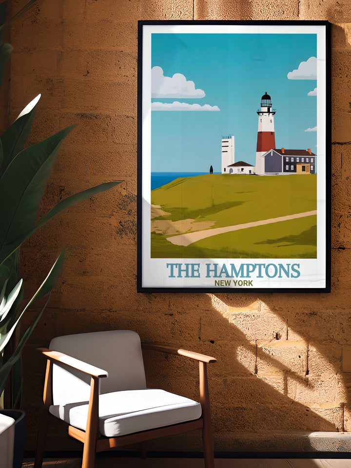 The beauty of The Hamptons and Montauk Point Lighthouse is perfectly captured in this vintage style travel poster. With its detailed map and calming colors, this New York art print is ideal for anyone who loves coastal décor and historical landmarks.