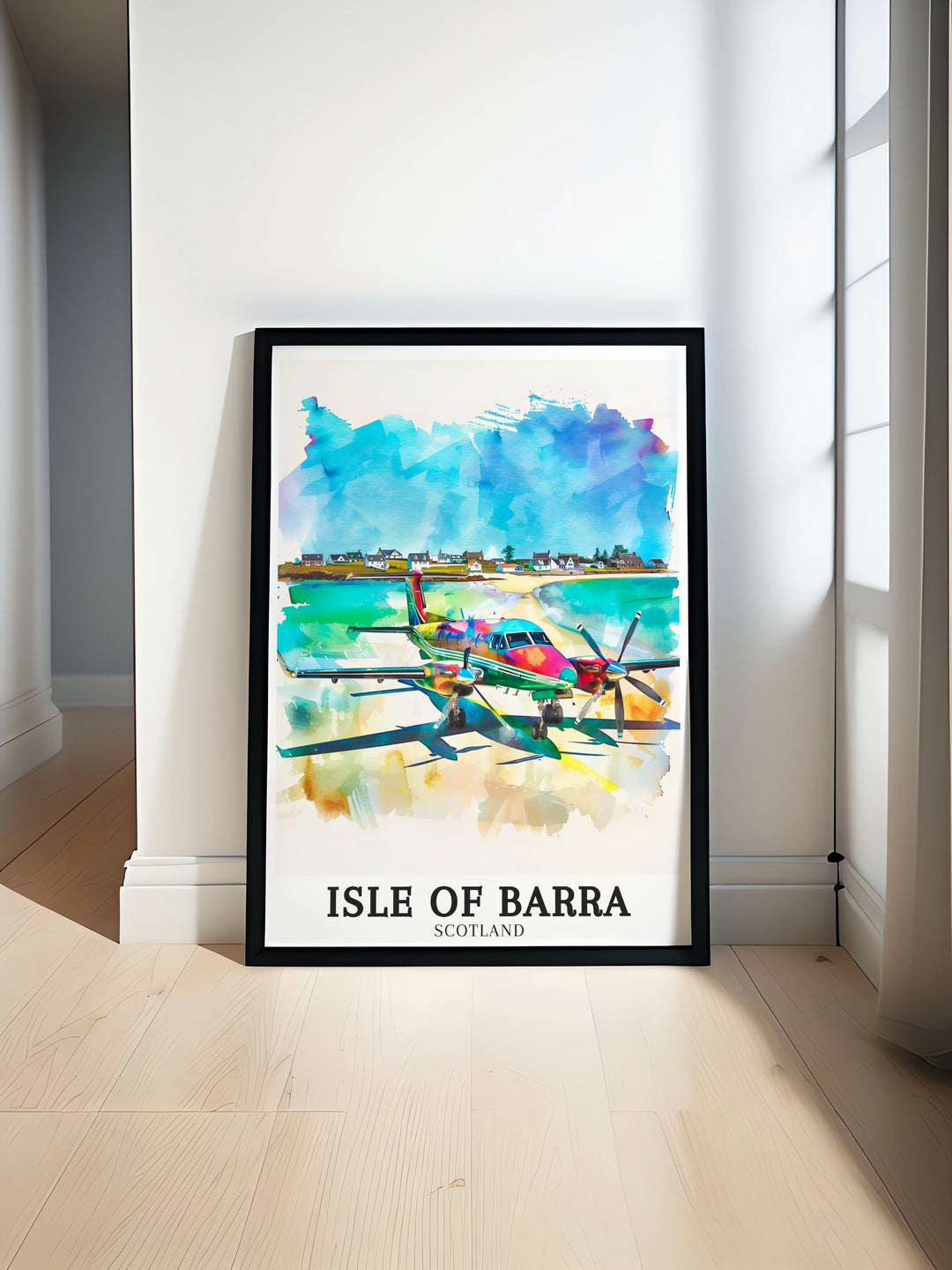 The Isle of Barra wall art features the iconic Traigh Mhor Beach, where planes land on the sand at low tide. Celebrate the uniqueness of this Scottish island with this travel poster, ideal for lovers of aviation and coastal landscapes. A perfect addition to any travel themed decor.