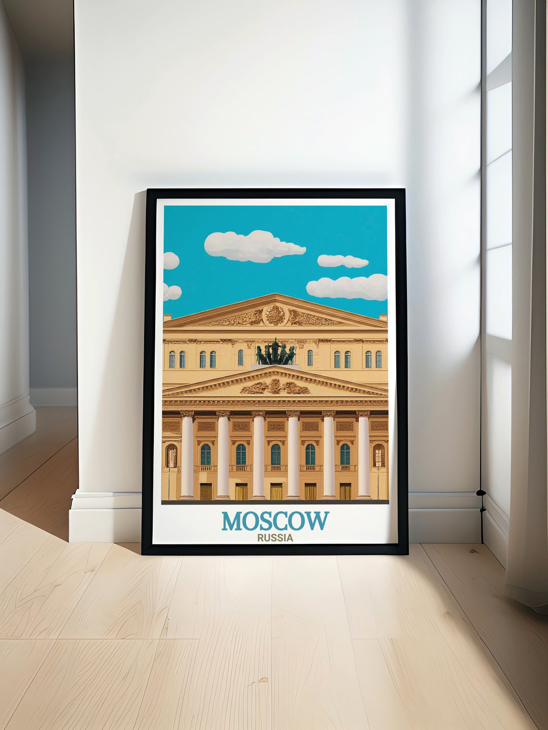Beautifully illustrated Bolshoi Theatre travel poster showcasing the grandeur of Moscow in vibrant colors and intricate details ideal for home decor and gifts for art enthusiasts and lovers of Russian culture.