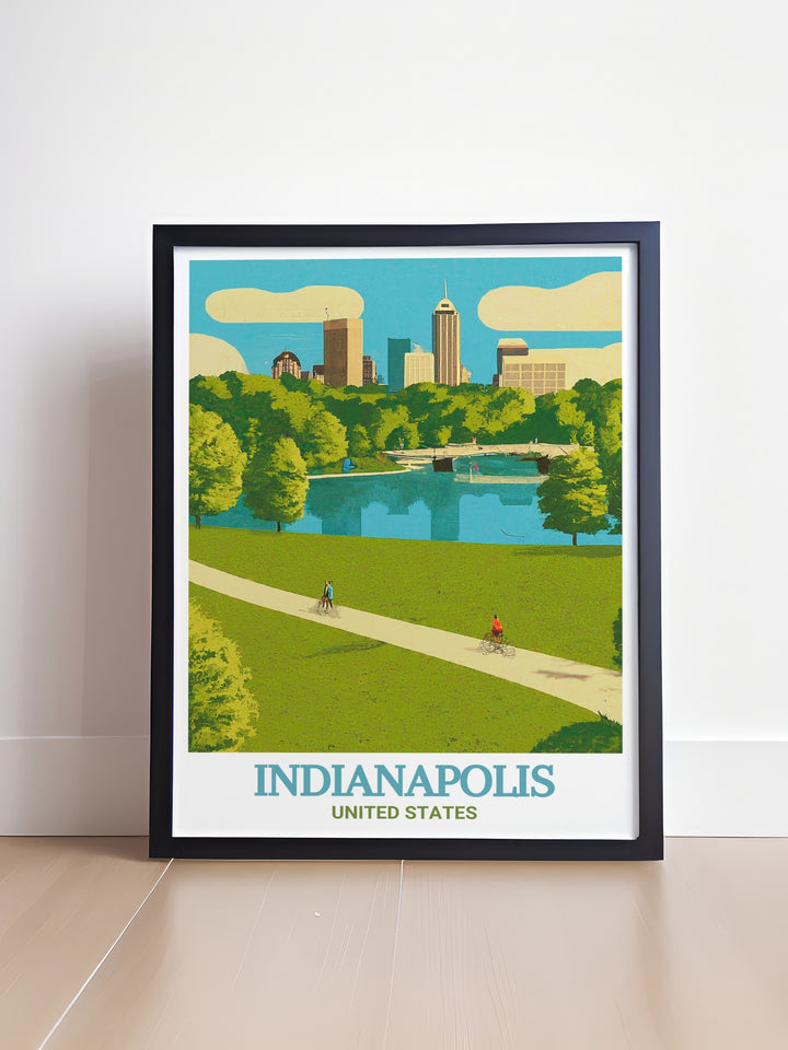 Scenic poster of White River State Park and the citys skyline. Ideal for nature lovers and those who appreciate Indianapolis. The detailed illustration and vibrant colors highlight the beauty and harmony of this dynamic city.