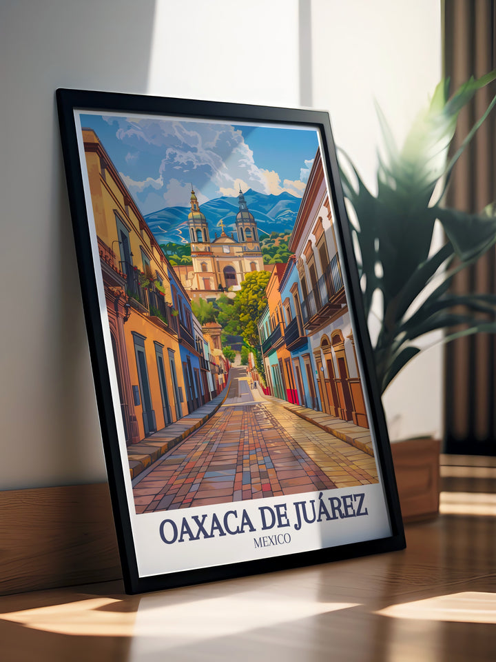 Highlighting the Santo Domingo Church and Oaxacas bustling Calle Macedonia Alcalá, this art print brings the beauty and spirit of Oaxaca de Juárez into your home. The intricate details of the architecture and colorful streets make this an ideal decor piece for lovers of Mexican culture.