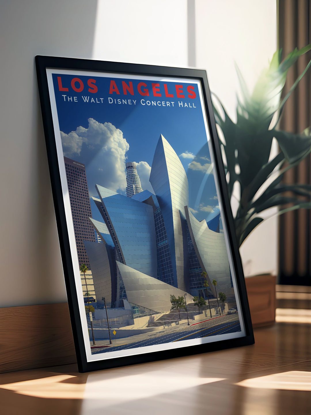 This travel poster beautifully depicts the dynamic beauty of Los Angeles and the modern appeal of the Walt Disney Concert Hall, ideal for adding a touch of Californias urban allure to any room.