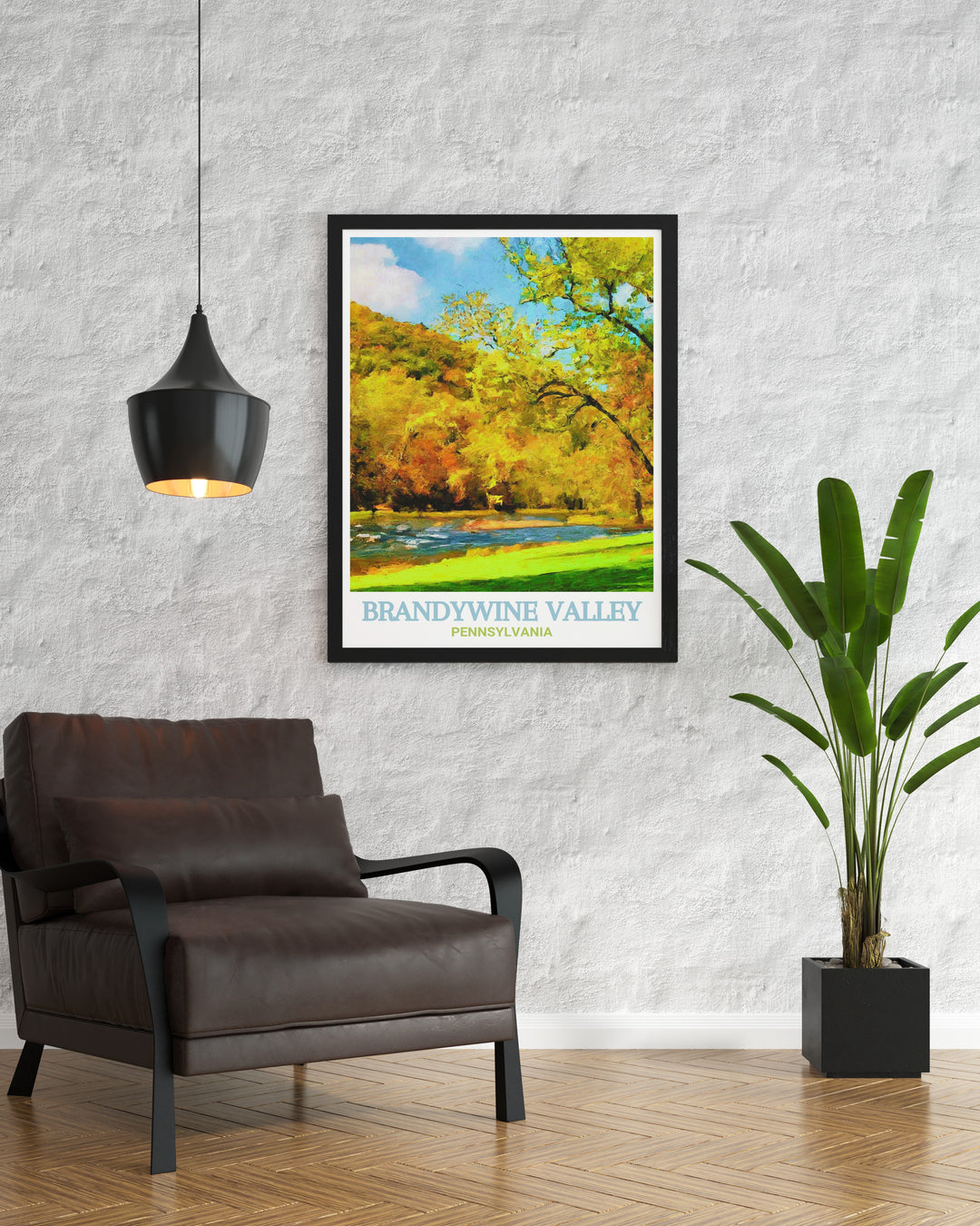 Showcasing the tranquil beauty of Brandywine Creek State Park and the scenic vistas of Brandywine Valley, this travel poster combines nature and history into a captivating piece that will enhance any living space with its rich details and vibrant colors.