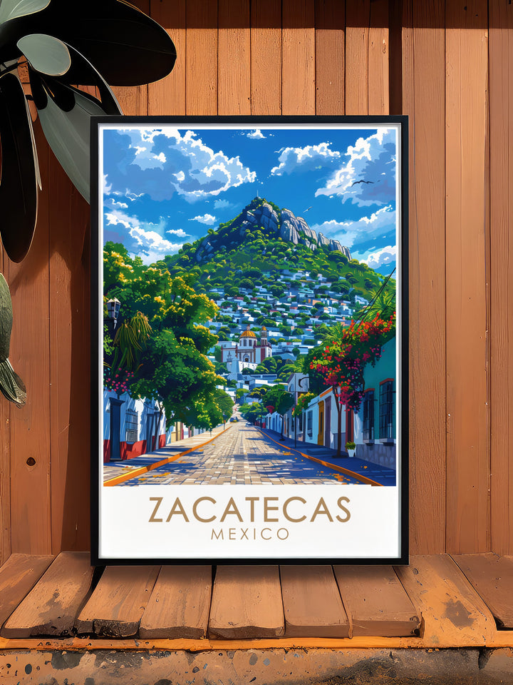 Discover a stunning travel poster highlighting Cerro de la Bufa, framed against the picturesque backdrop of Zacatecas. This artwork encapsulates the beauty and history that define this iconic Mexican destination.