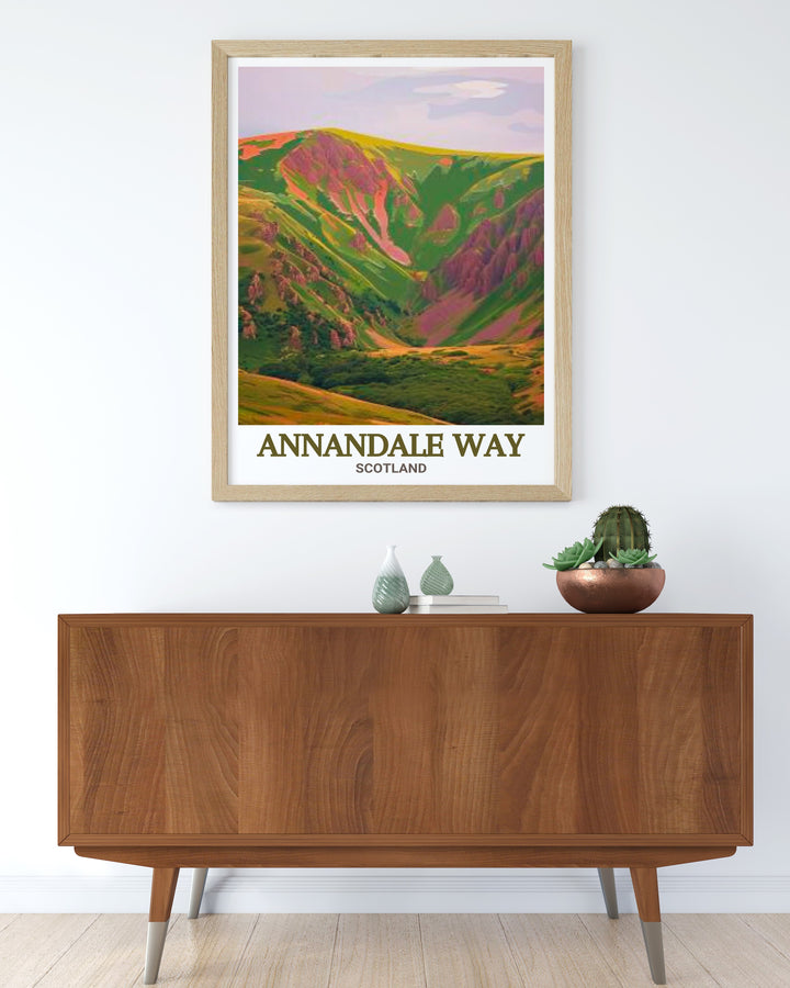 Scenic Art Print of Annandale Way and Devils Beef Tub showcasing the beautiful Moffat Hills and Solway Firth a great gift for nature lovers and those who appreciate Scotlands stunning landscapes