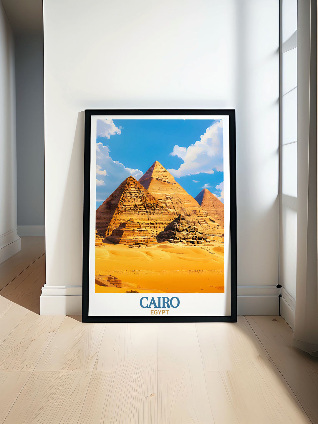 Discover the majesty of The Pyramids of Giza with this stunning travel poster perfect for adding a touch of Egypts ancient history to your home decor ideal for lovers of vintage posters and unique wall art.