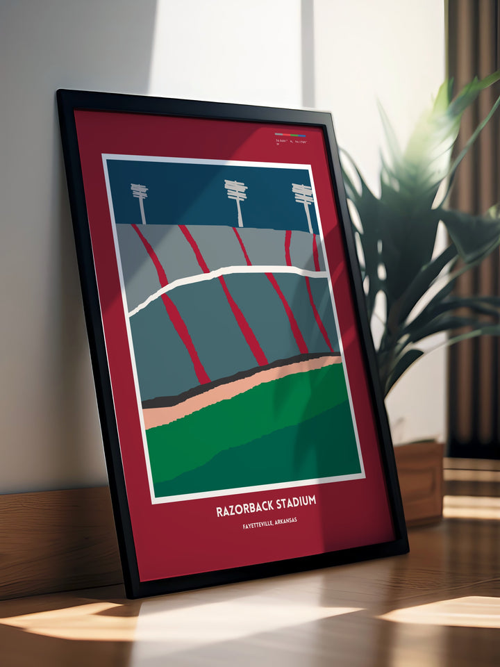 Unique Razorbacks print highlighting Razorback Stadium an essential piece for any Arkansas football fans decor perfect for college dorm rooms or as a memorable gift for special occasions