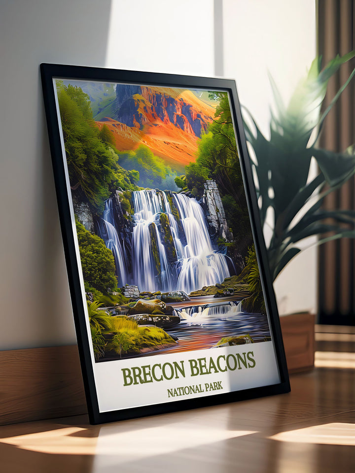 Travel poster of Brecon Beacons National Park, featuring the majestic Pen Y Fan mountain and other stunning landscapes. This artwork showcases the natural beauty and vibrant energy of South Wales, making it a perfect addition to any art collection.