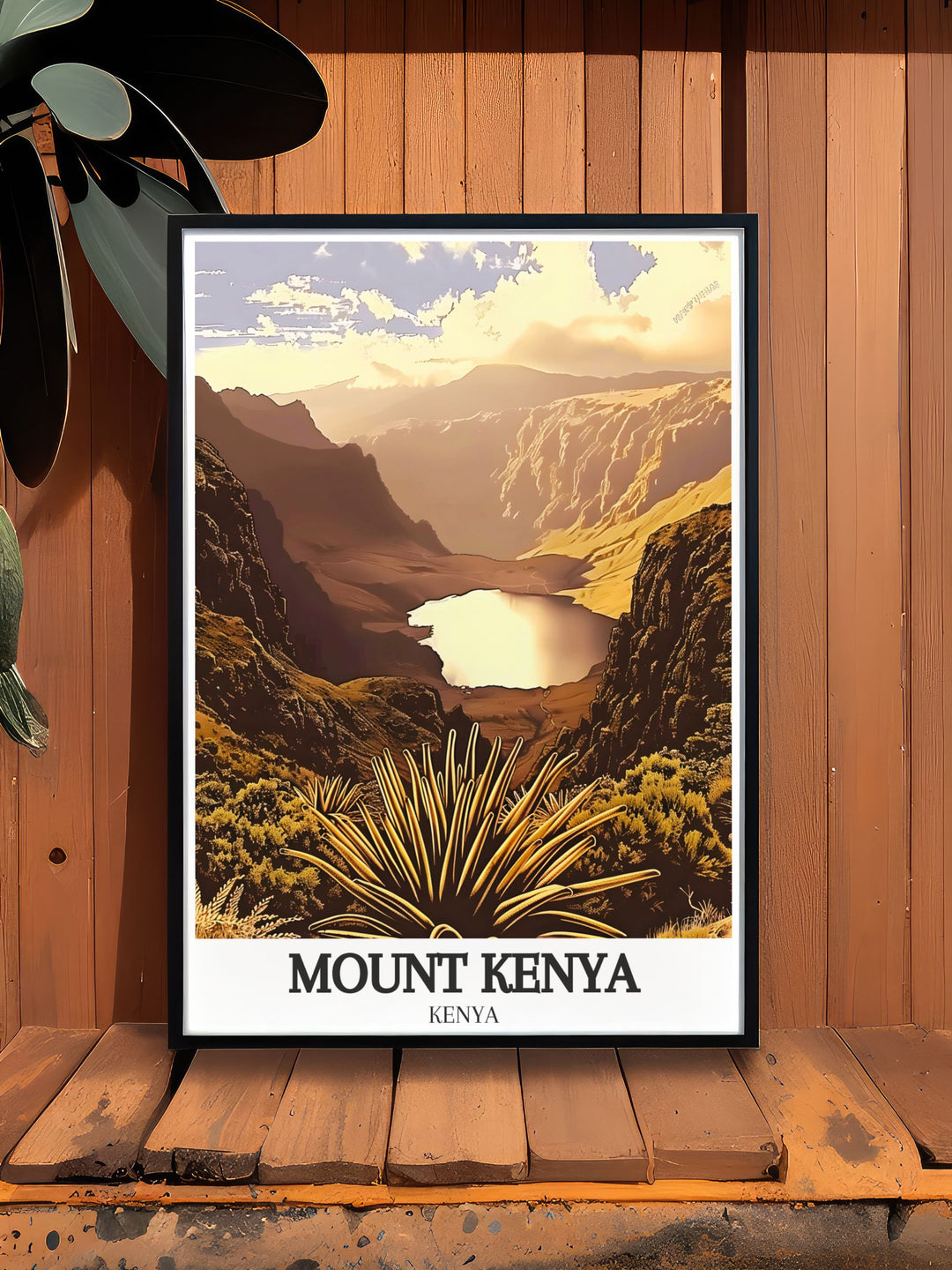 Beautiful Mount Kenya poster with Chogoria Route and Lake Michaelson available as a digital download or framed print perfect for travel lovers and those seeking unique and stunning wall decor