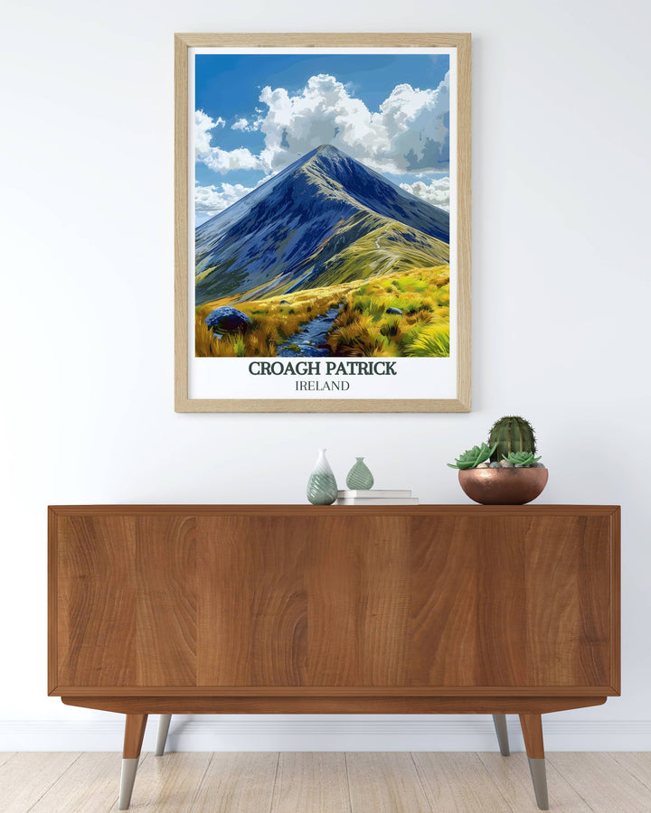 A vintage travel print showcasing the beauty of Croagh Patrick Summit in County Mayo Ireland. This framed print highlights the serene landscapes and spiritual history making it a wonderful addition to any travel inspired decor.