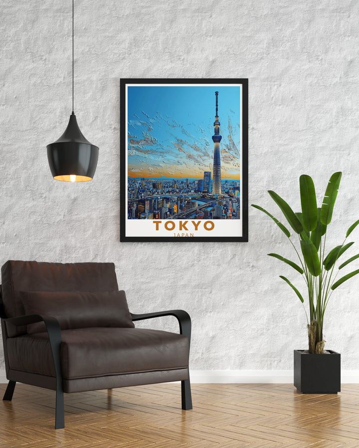 This Tokyo travel print beautifully portrays the citys skyline, featuring the Tokyo Skytree and Mount Fuji. Ideal for any room, the artwork brings together Japans urban and natural wonders in one striking piece, making it a perfect gift for travel lovers.