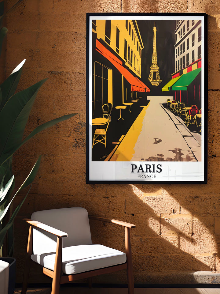 Eye catching Paris Wall Art featuring The Eiffel Tower and Parisian streets. This colorful art print is ideal for anyone who loves Paris and wants to bring its charm into their home.