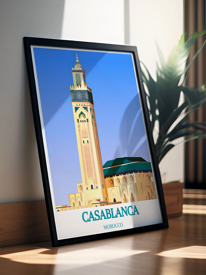 Highlighting the iconic presence of Hassan II Mosque and the vibrant culture of Casablanca, this travel poster is perfect for those who appreciate the architectural and cultural richness of Morocco.