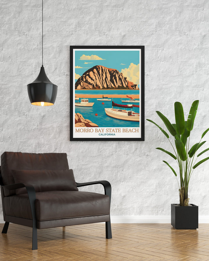 Celebrate the beauty of Californias coast with this Morro Bay State Beach and Morro Bay Harbor travel print. The fine line details and vivid colors bring to life the natural landscapes and harbor scenes of this iconic coastal town.