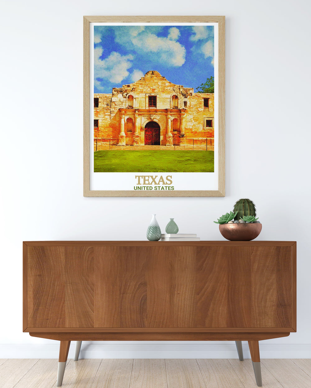 Vintage Travel Print of Guadalupe Mountains National Park. El Capitan Texas and Guadalupe Peak are prominently displayed. Enhance your space with the stunning artwork that also features elements from The Alamo.