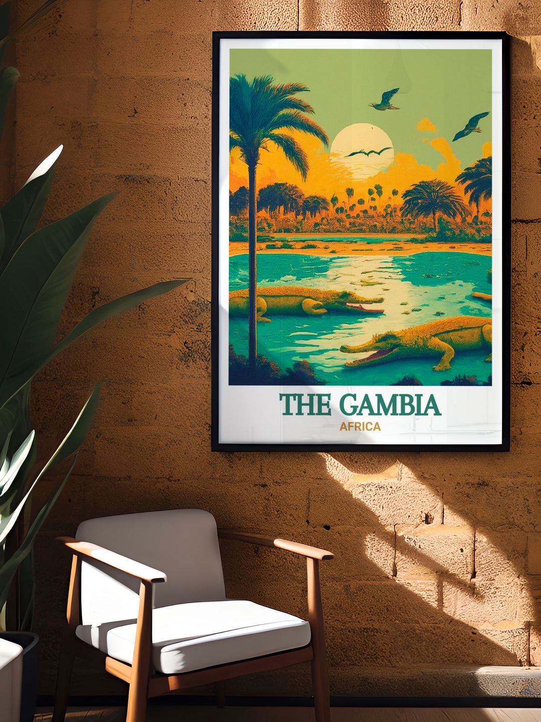 Kachikally Crocodile Pool travel poster featuring vibrant scenes of The Gambia. This stunning art print captures the mystical ambiance of the crocodile pool, making it a perfect addition to any home decor. Ideal for nature lovers and art enthusiasts who appreciate unique travel art.