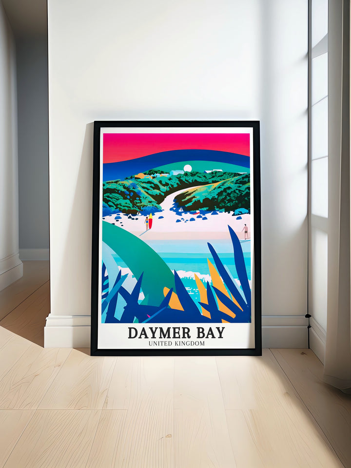 The meeting point of the River Camel estuary and Daymer Bay is beautifully illustrated in this travel print, offering a calm and reflective scene. This artwork brings the quiet beauty of Englands coastal estuaries into your decor, ideal for nature lovers.