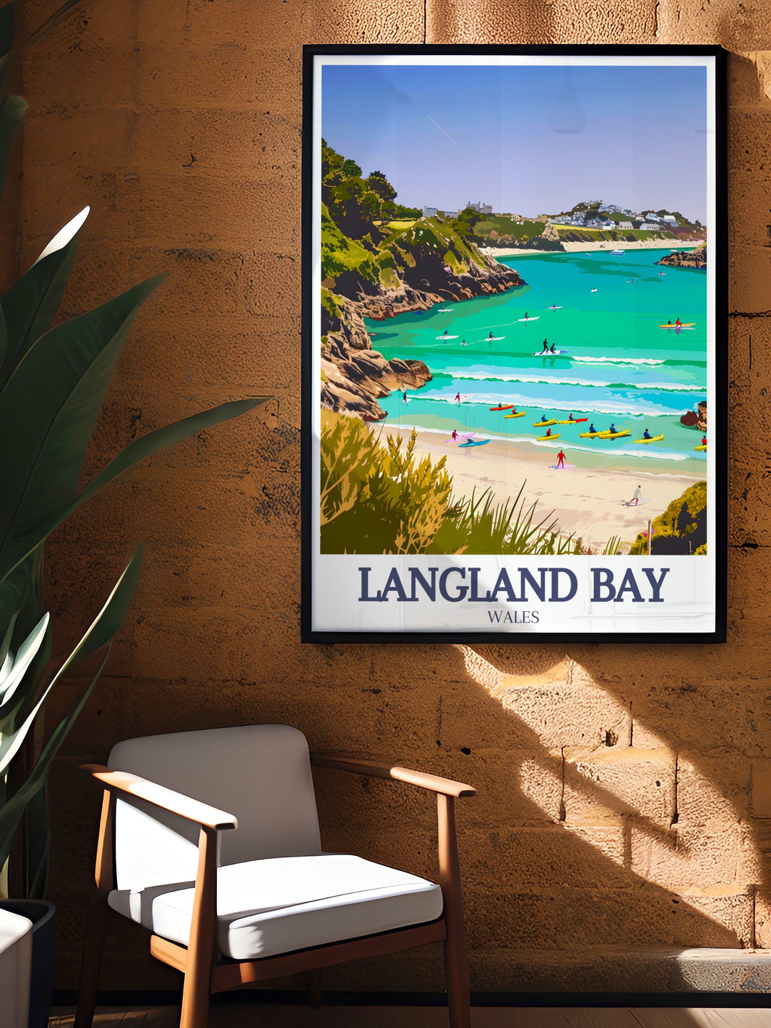 Langland Bay Travel Print offers a serene depiction of one of Swanseas most famous beaches, complete with its classic beach huts and peaceful waves. This artwork is perfect for those looking to bring the calming beauty of Wales coast into their living space.