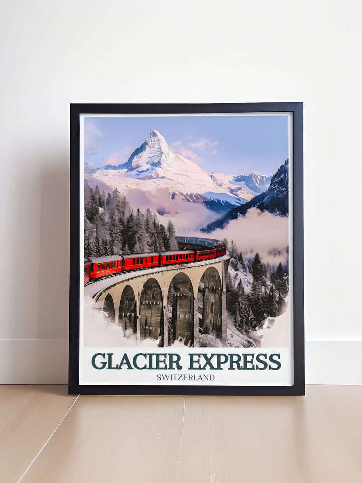 Enhance your home decor with our Glacier Express train Landwasser Viaduct print a stunning piece of modern art capturing the elegance and serenity of Switzerlands iconic railroad journey