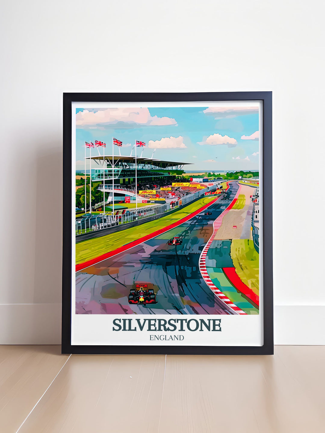 Elegant Silverstone Circuit Grand Prix art print featuring the British Racing Drivers Club clubhouse. The detailed design showcases the grandeur of the Silverstone Wing and is perfect for adding a sophisticated and thrilling element to your living room or sports themed decor.