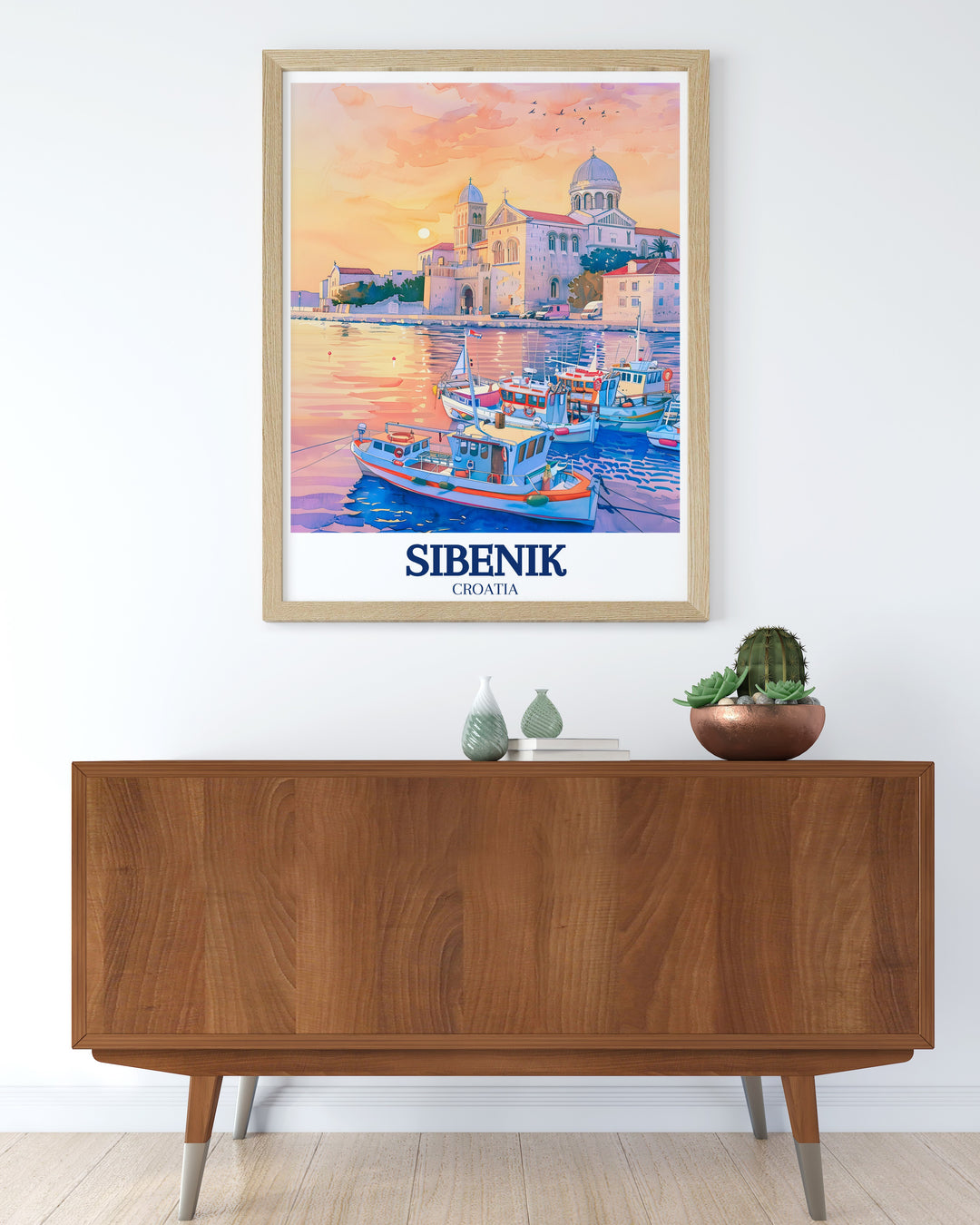 A detailed travel print of Sibenik showcasing St. James Cathedral and the scenic harbor. This artwork captures the essence of Croatias coastal beauty and is perfect for anyone who admires the rich history and architecture of Sibenik.