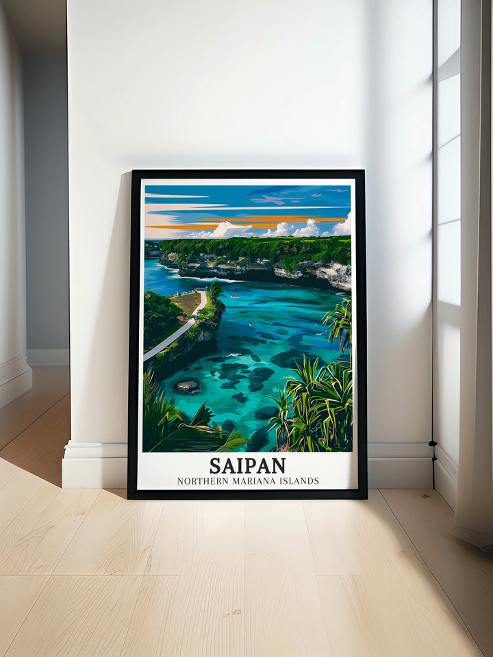 Saipan and Pacific Ocean art deco travel posters showcasing vibrant landscapes and serene waters of the Mariana Islands, including Banzai Cliff. These framed travel posters are ideal for adding a touch of coastal elegance to your wall decor. Experience the charm of Saipan through our beautifully crafted art deco travel posters.