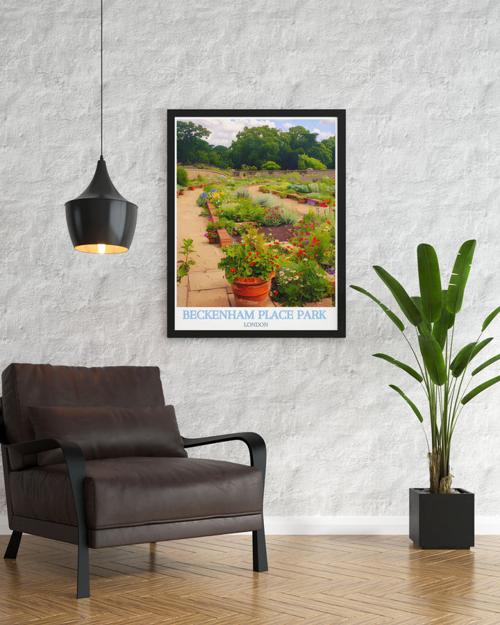 Art print of Beckenham Place Park highlighting the parks natural beauty and historical significance, featuring detailed illustrations of its lush landscapes and iconic structures, ideal for adding a touch of London elegance to any decor.