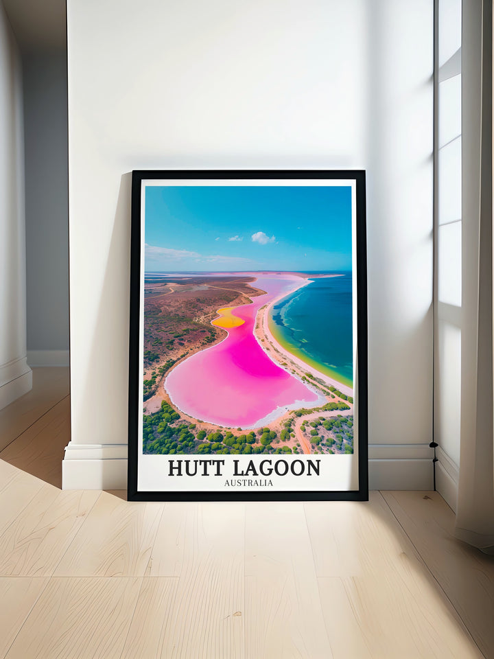 Experience the vibrant beauty of Hutt Lagoon with this stunning Pink lake Kalbarri wall art The vivid colors and serene landscape make this Australia Print a perfect addition to any room bringing a touch of exotic elegance and natural wonder to your home decor