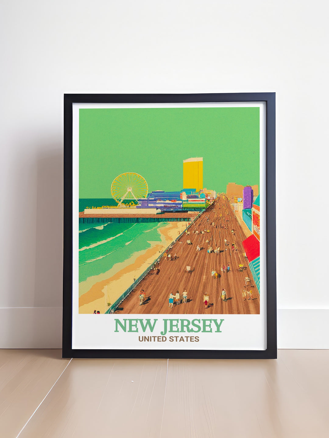 Atlantic City Boardwalk art print featuring the bustling boardwalk and serene beach views. Perfect for home decor and as a unique gift. This print captures the charm of New Jerseys famous boardwalk, blending nostalgic elements with modern attractions.