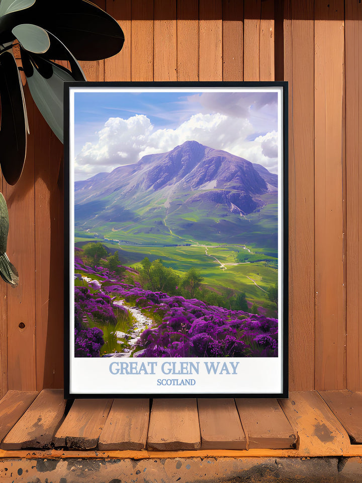 An intricate illustration of the Great Glen Way in Scotland, capturing the historic trail winding through the Scottish Highlands, perfect for adding a touch of natural and historical beauty to your home decor.
