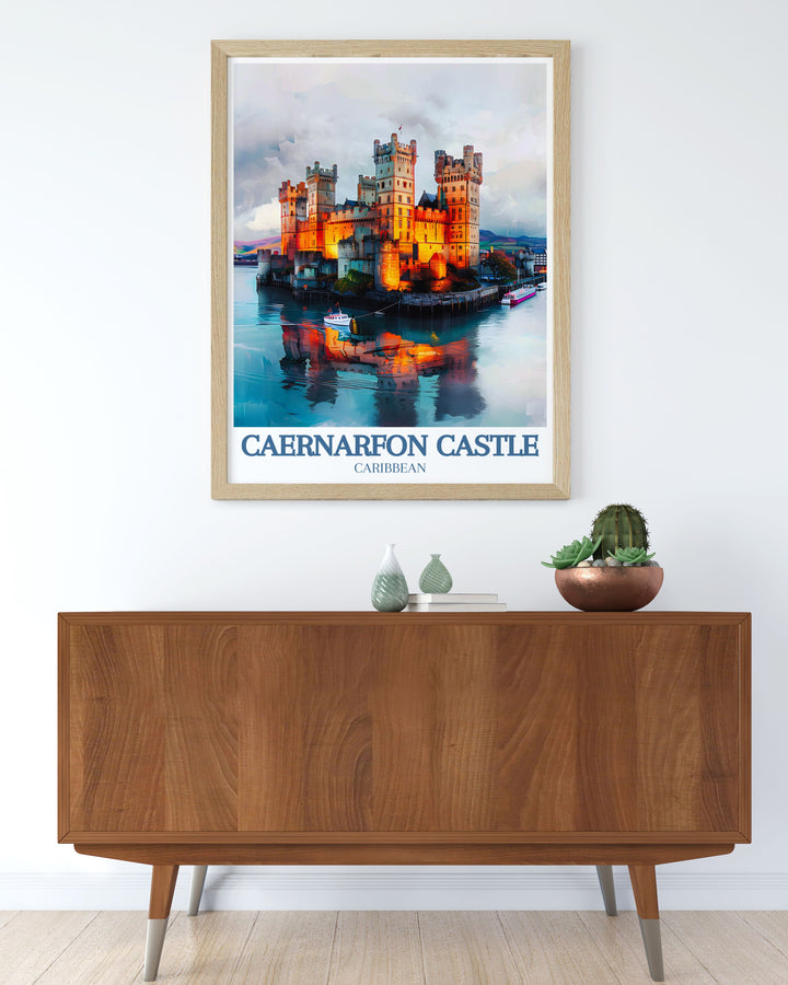 Unique artwork of Caernarfon Castle featuring Beddgelert Village and Snowdon Ranger, perfect for personalized gifts or home decor. This print captures the essence of Wales most scenic and historic locations.