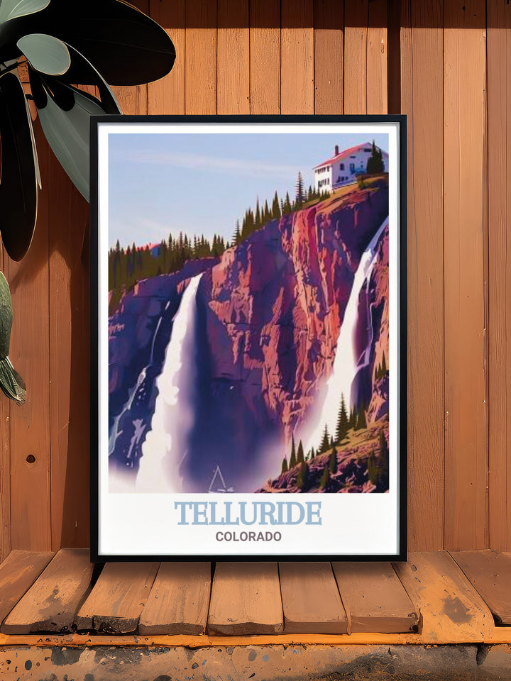 A detailed canvas print of Bridal Veil Falls in Telluride, Colorado. The vibrant colors and fine lines of this travel print make it a striking addition to any space, bringing the majesty of the Colorado wilderness into your home.