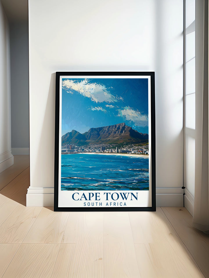 Beautiful Table Mountain print featuring Cape Towns iconic natural landmark. This framed artwork is perfect for those who love national parks and want to bring a touch of South African beauty into their living room or office space.