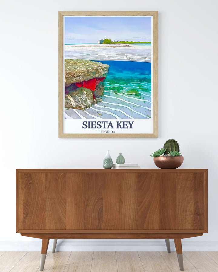 Detailed Florida travel print of Point of Rocks Siesta Beach providing a stunning visual representation of the keys pristine environment perfect for home decoration.