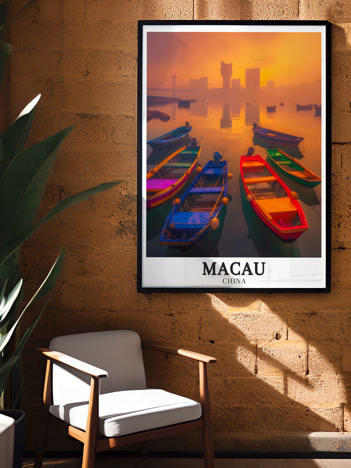 Celebrate your love for Macau with this stunning Macau Art Print featuring the Macau Outer Harbour Macau Skyline and South China Sea A beautiful addition to any room this artwork is perfect for those who appreciate cultural art and modern cityscapes