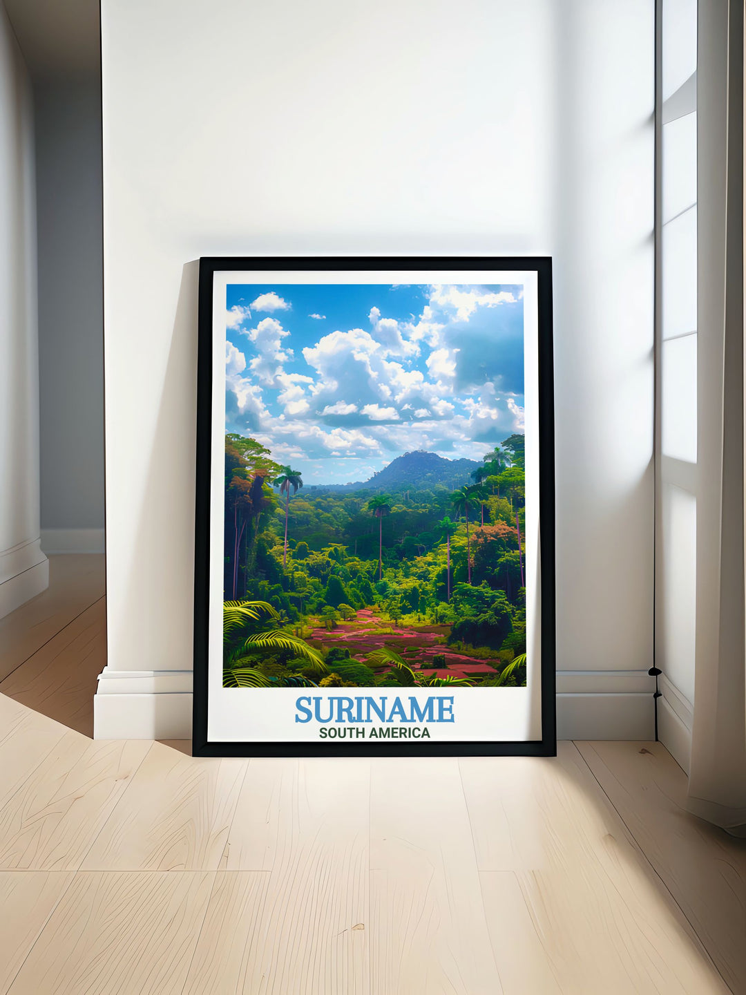 Paramaribo Poster showcasing the vibrant city of Suriname with its rich cultural heritage and colorful streets. Perfect for travel enthusiasts and art lovers. Features Central Suriname Nature Reserve for a touch of natural beauty.