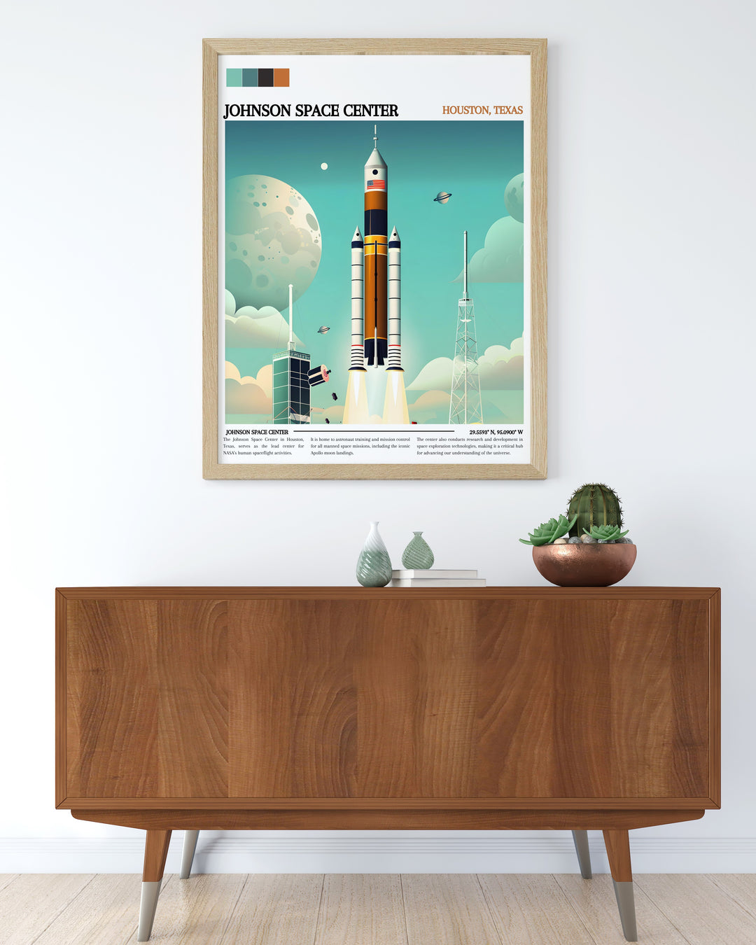 Stunning NASA painting with intricate details of rocket ships and space exploration scenes. Adds visual appeal and curiosity to any room.