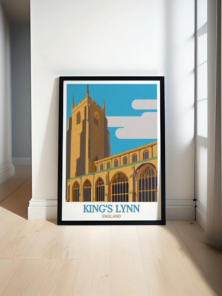 St. Margarets Church in Kings Lynn, England, is beautifully showcased in this travel print. The canvas art captures the intricate details of the medieval structure, making it a perfect addition for lovers of UK history and architecture.