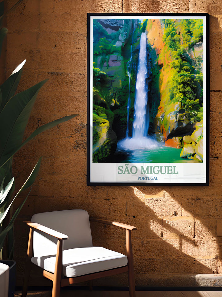 Elegant travel poster featuring the enchanting Salto do Cabrito in São Miguel. Ideal for enhancing your home with the islands artistic vistas and rich natural heritage.