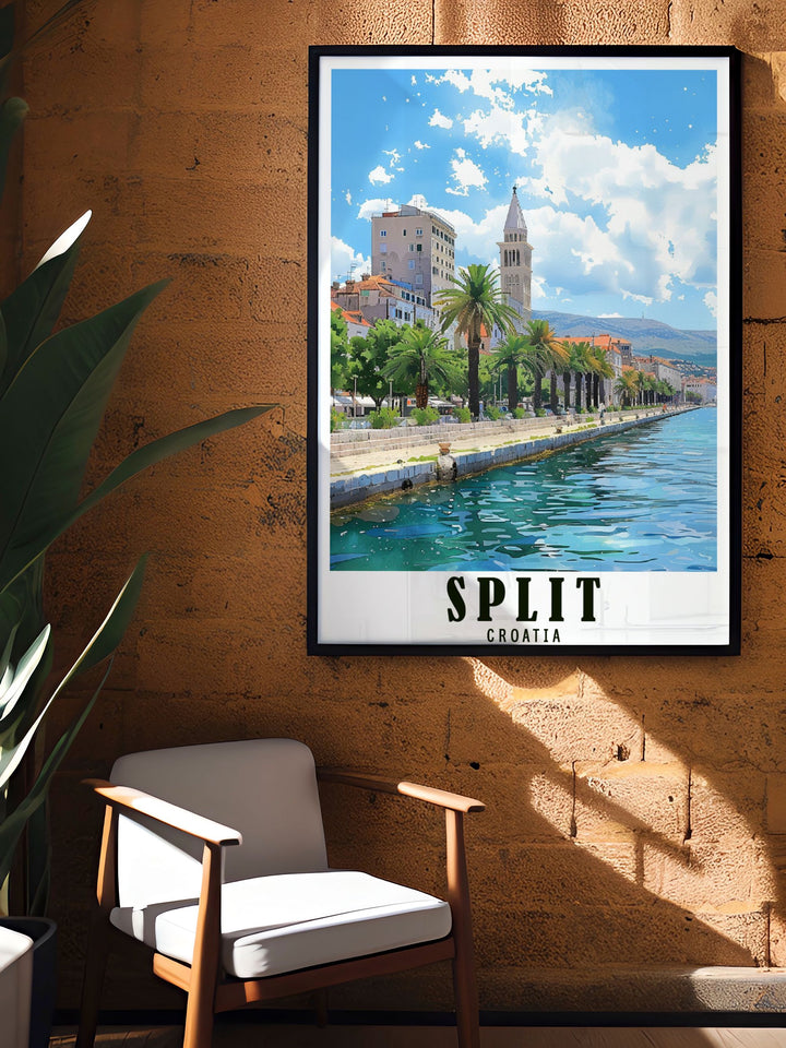 Celebrate Croatias scenic beauty with this Split Poster featuring the Riva Promenade. With its detailed depiction of the citys iconic harbor, this artwork is an excellent choice for gifts or home décor, offering a vibrant representation of Splits charm and history.