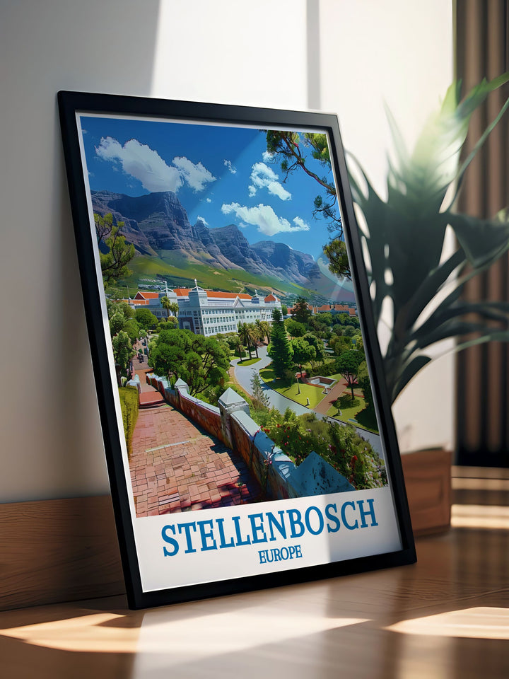 Explore the historic beauty of Stellenbosch University with this travel poster, capturing the stately buildings and lush, landscaped grounds.