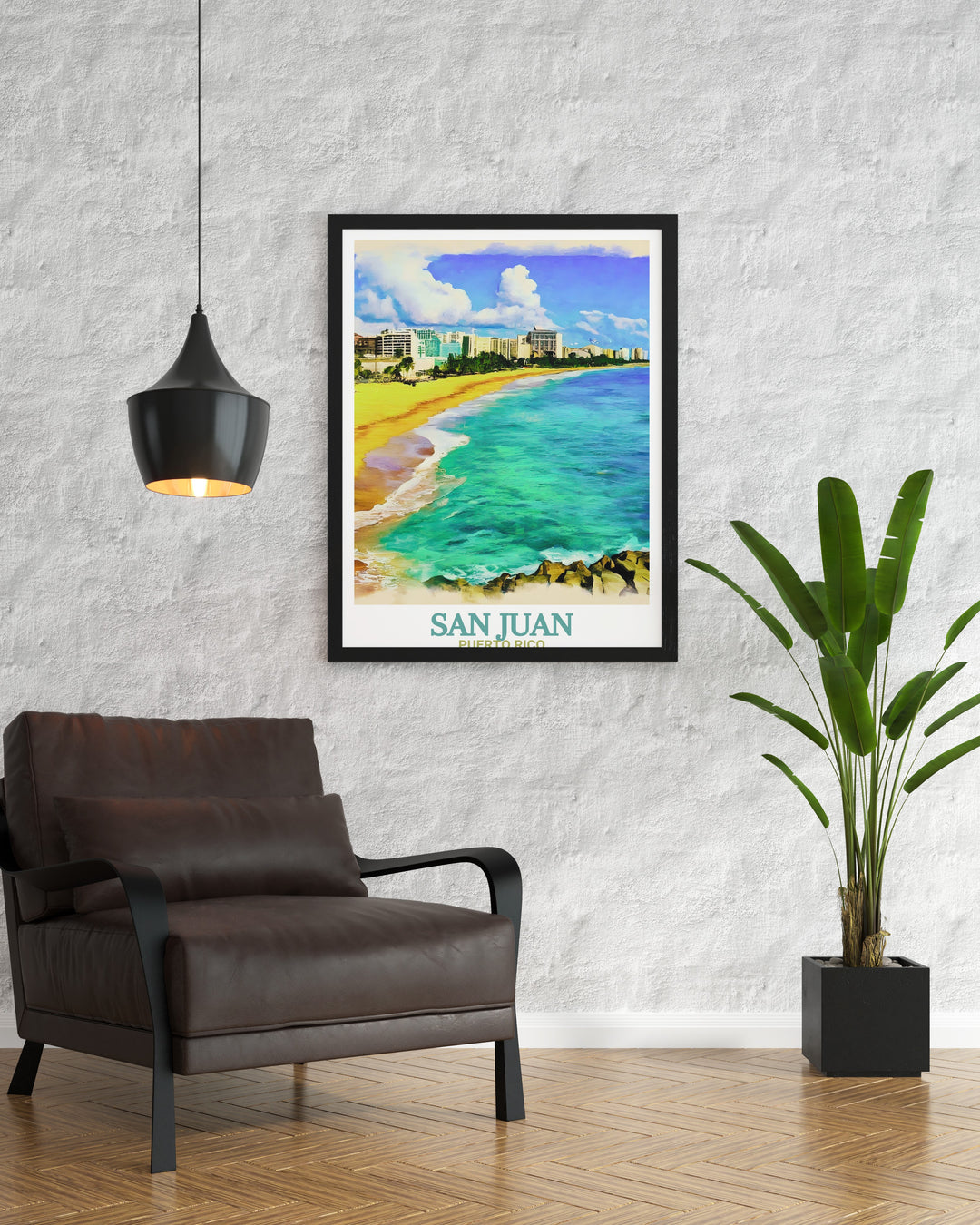 Condado Beach art brings the serene beauty of San Juan to life in this modern print. A beautiful addition to Caribbean decor this travel poster makes an excellent gift for anyone who loves the ocean or is looking to enhance their living space with tropical art.